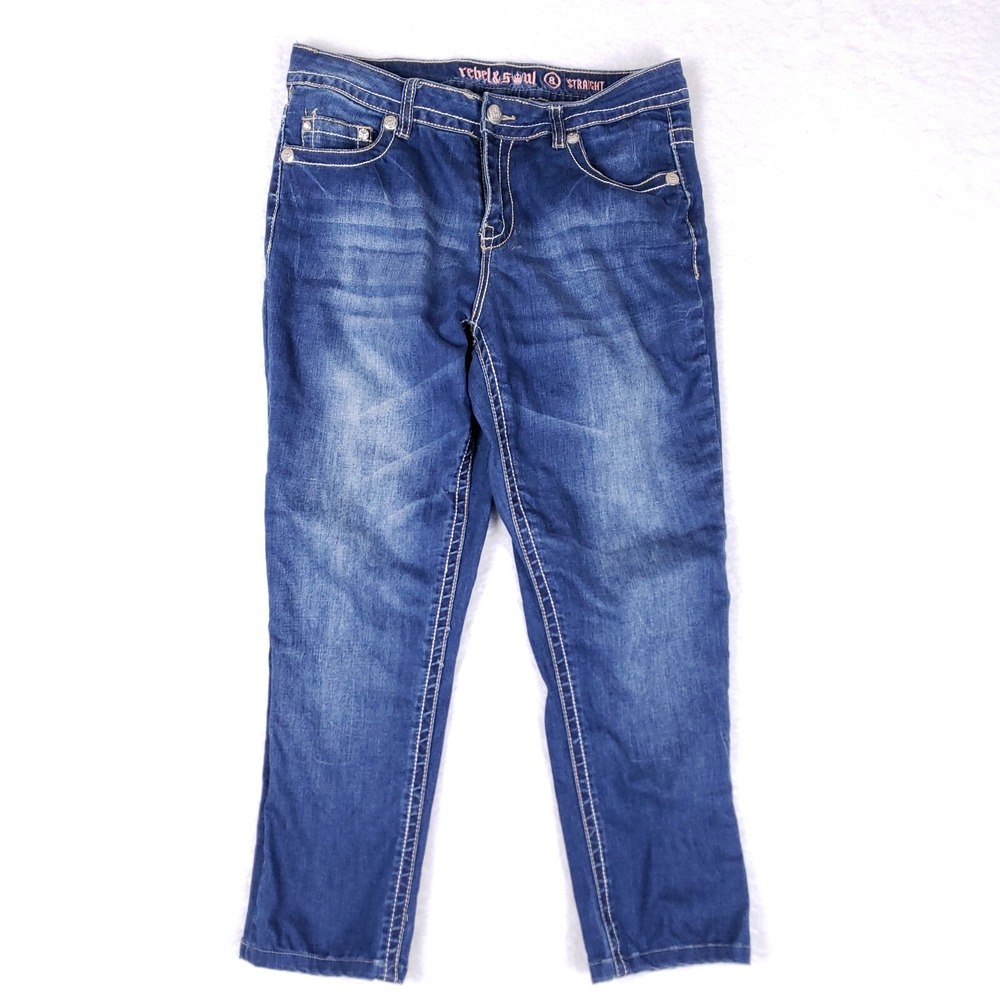 Rebel Soul Straight Leg Jeans Womens 8 Blue Contrast Stitching Western‎ Bohocore